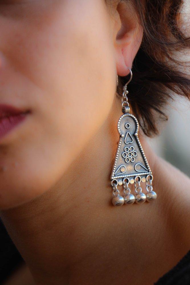 Bedouin Earring - This silver piece is a part of two long pendants (saffafat) that used to hang from the sides of a Palestinian headdress (shatweh) in Bethlehem and Jerusalem, 19th century